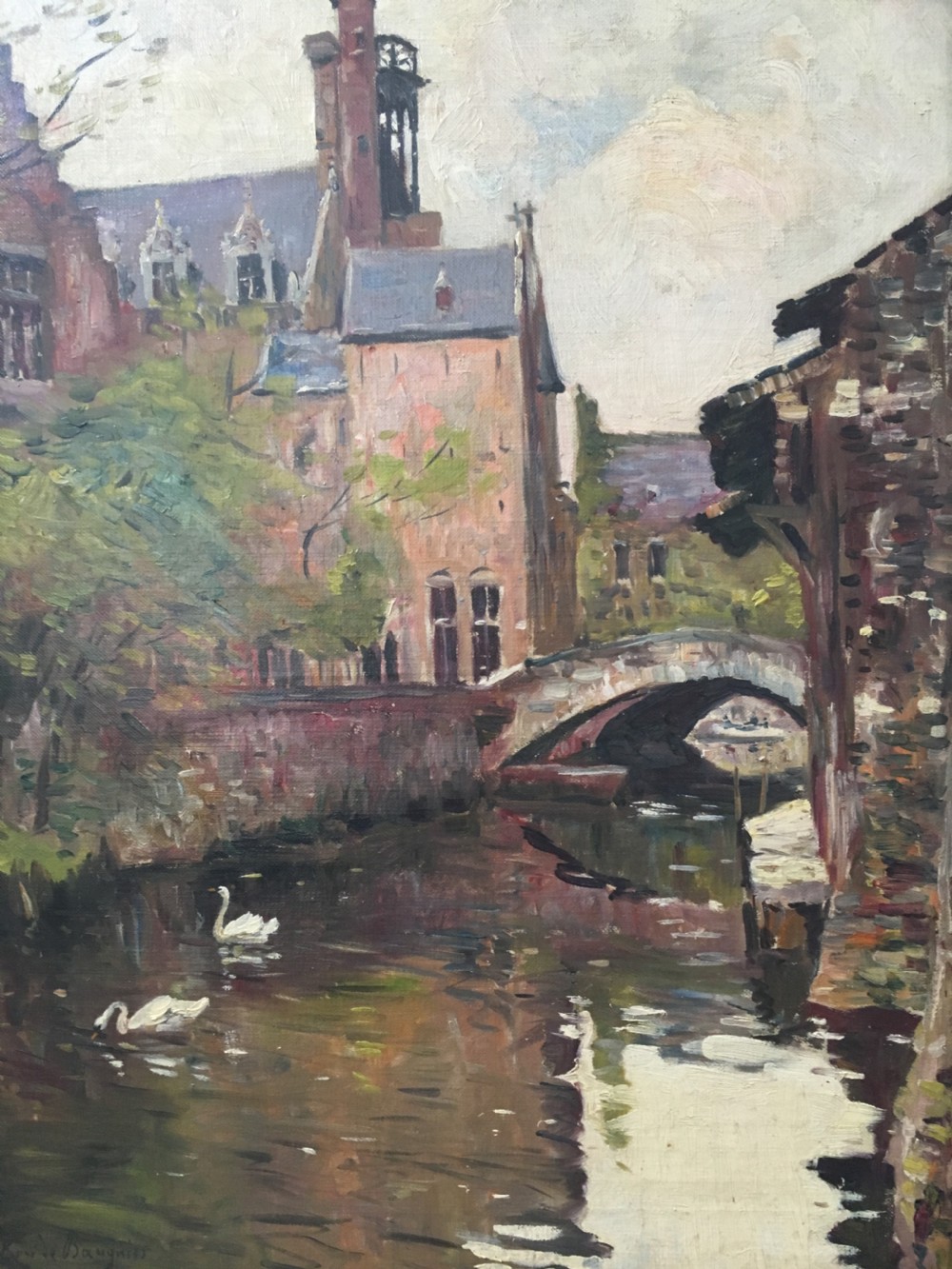 Swans on a Canal - Antique Oil Painting View IV