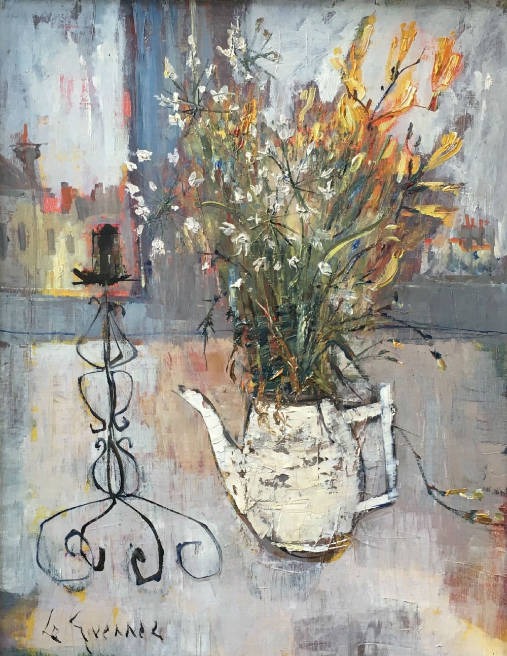 Teapot and Flowers - Antique Oil Painting