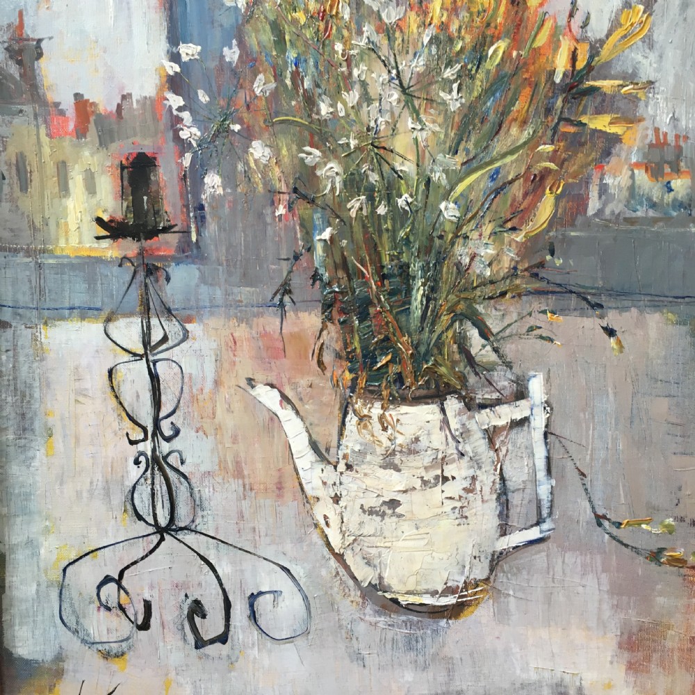 Teapot and Flowers - Antique Oil Painting View IV