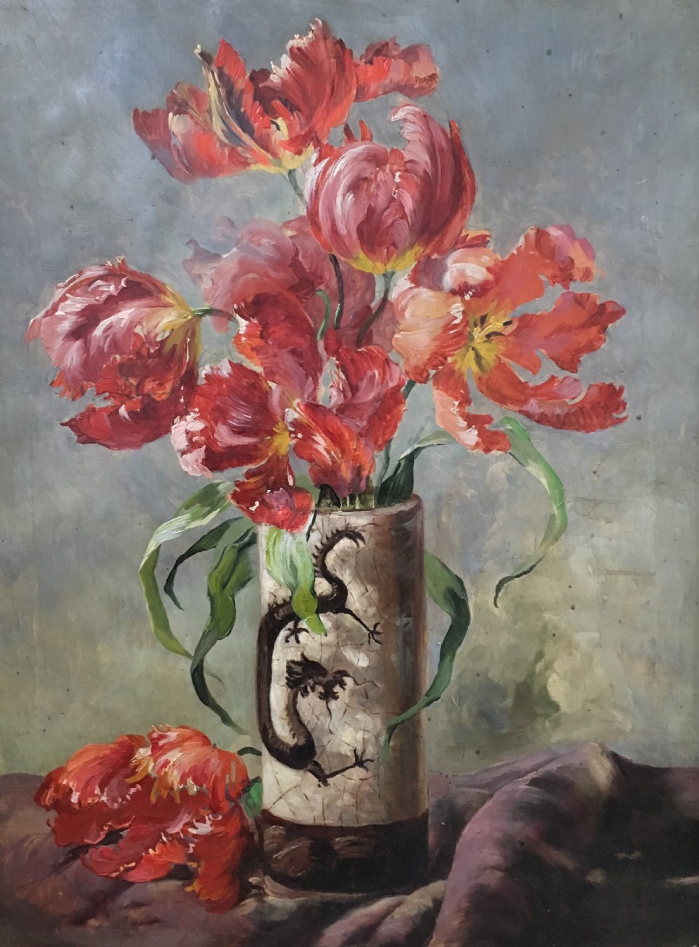 Vase of Red Tulips - Antique Oil Painting