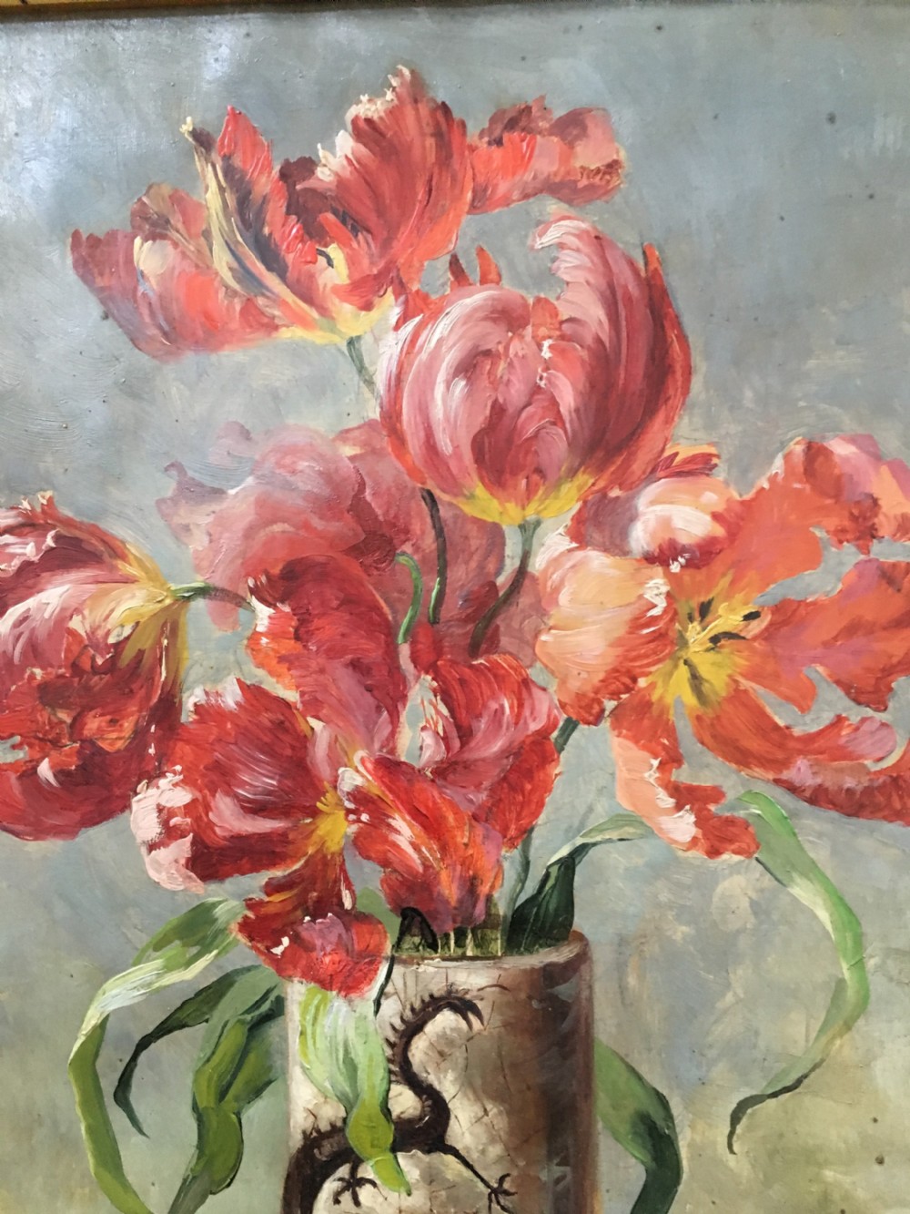 Vase of Red Tulips - Antique Oil Painting View IV