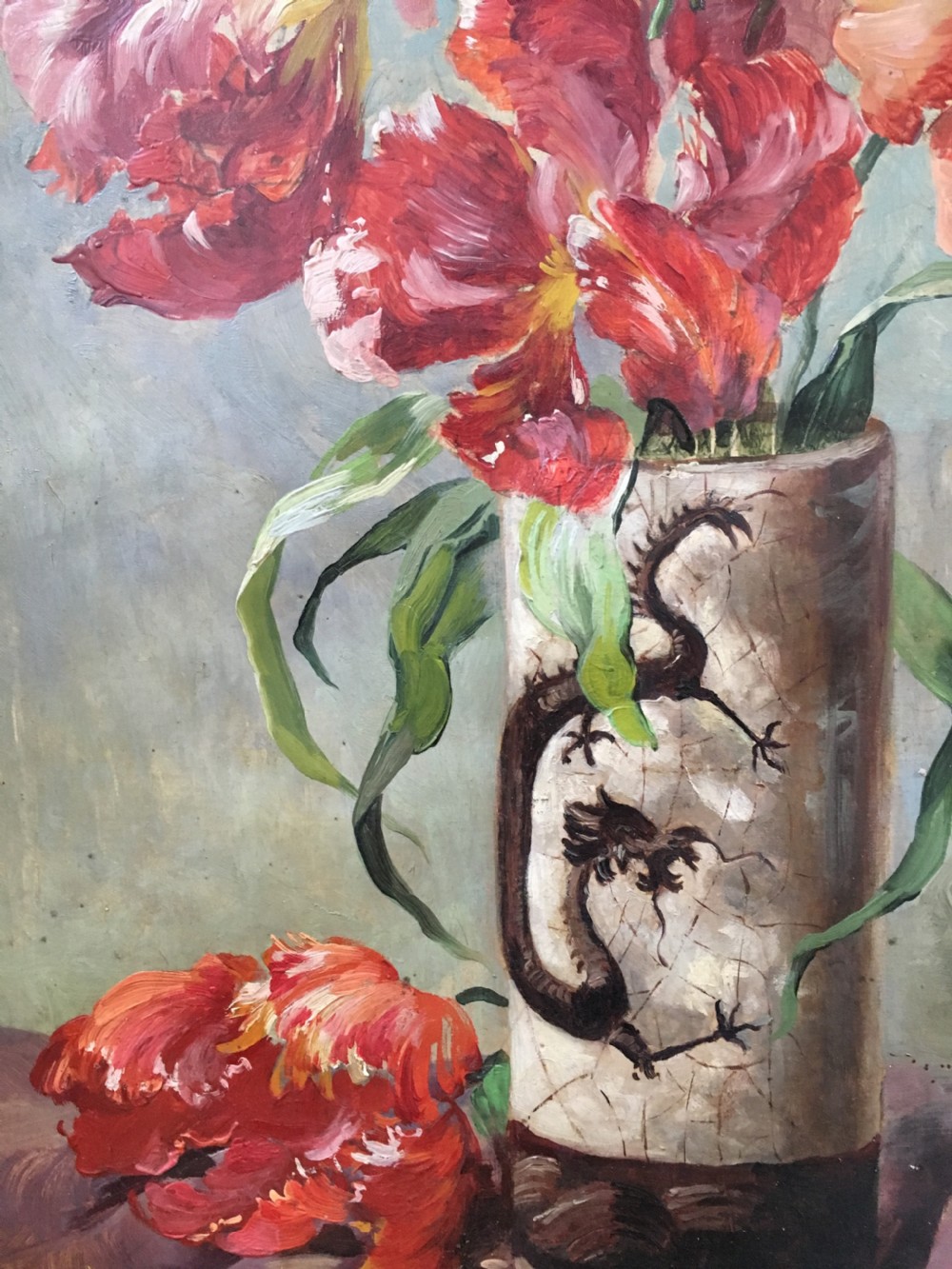 Vase of Red Tulips - Antique Oil Painting View V