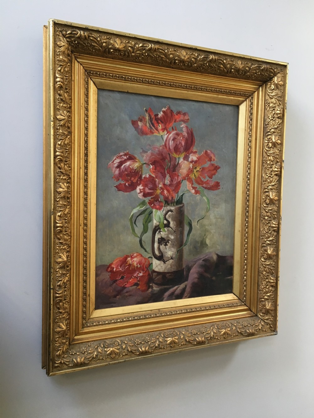 Vase of Red Tulips - Antique Oil Painting View VI