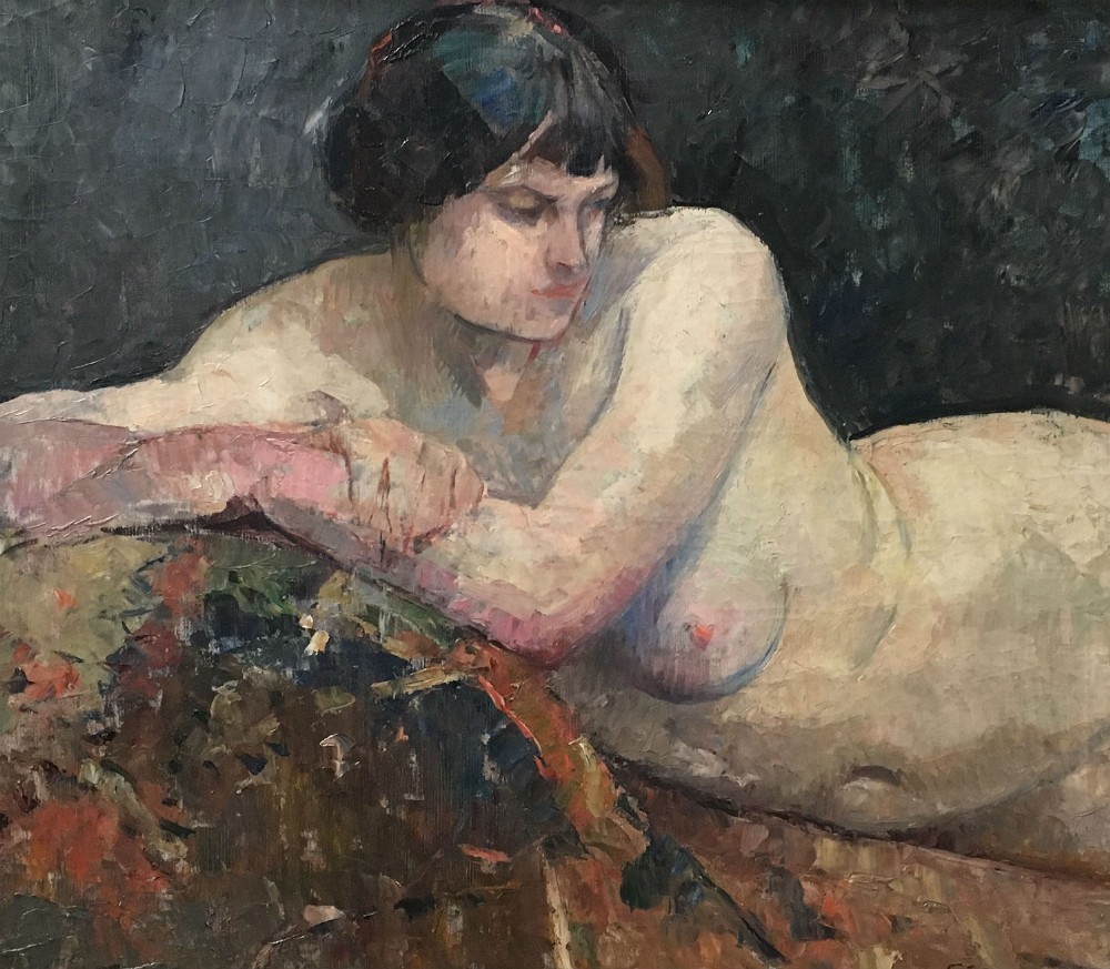 Reclining Female Nude - Antique Oil Painting