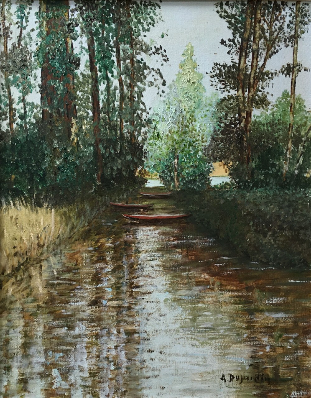 Boats on a Canal - Antique Oil Painting
