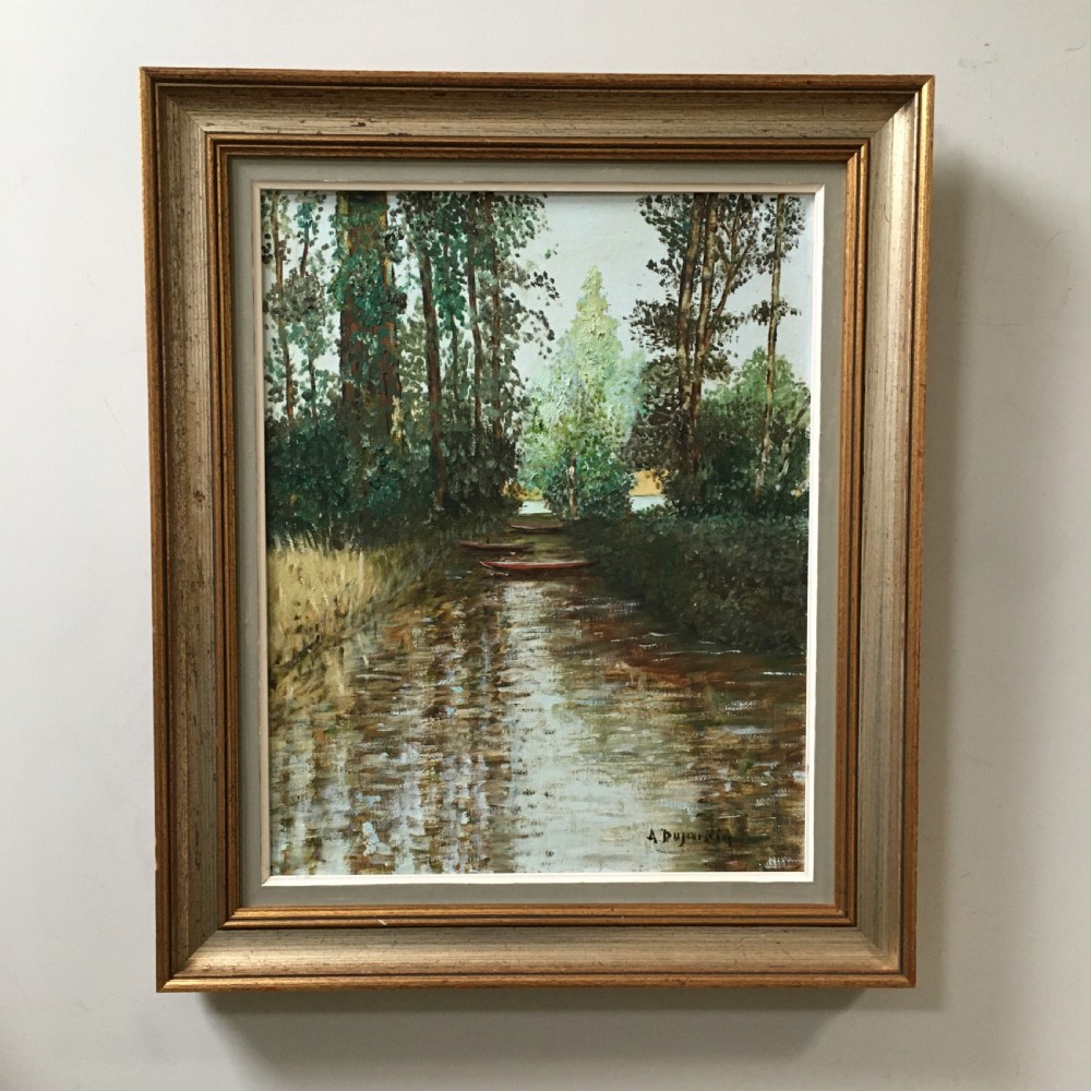Boats on a Canal - Antique Oil Painting View II