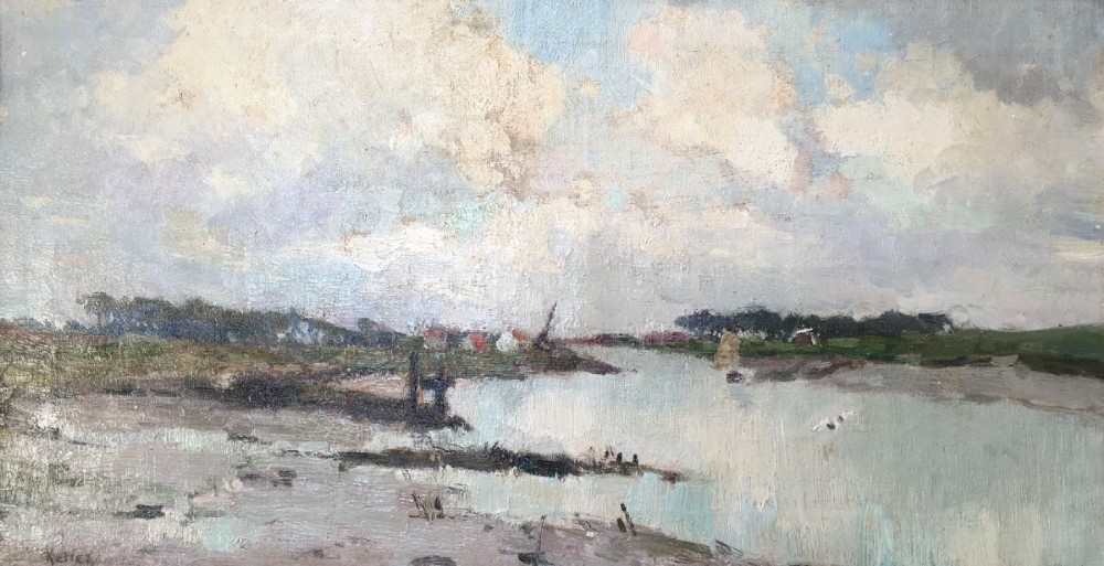 View of an Estuary- Antique Oil Painting