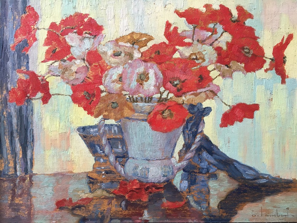 Poppies in a Vase - Antique Oil Painting