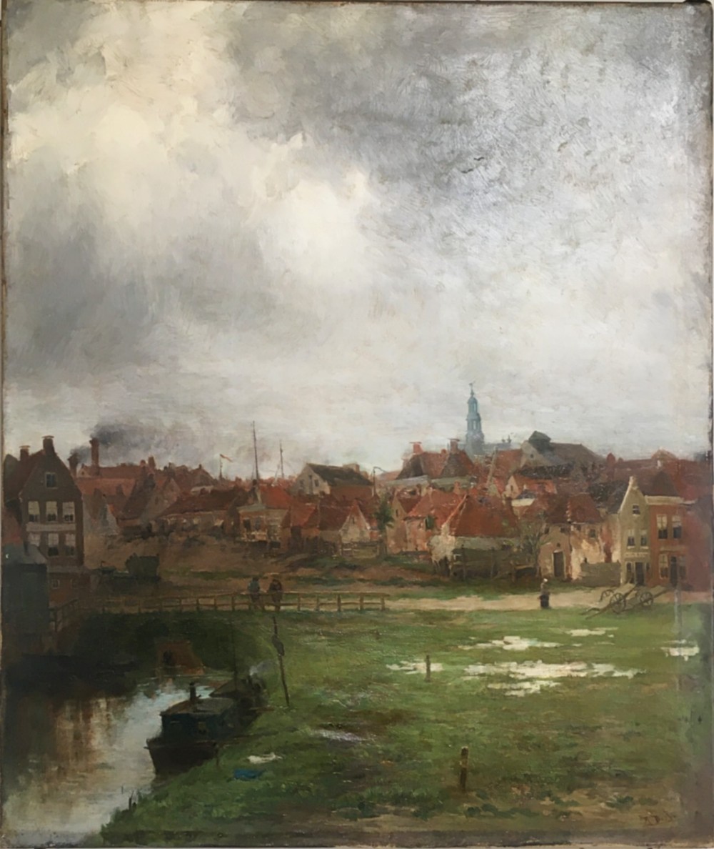 View of a Village - Antique Oil Painting