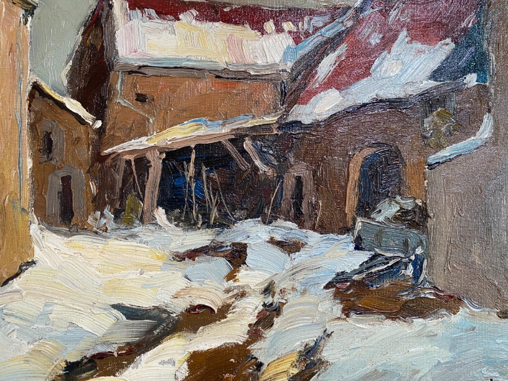 Village in Winter - Antique Oil Painting