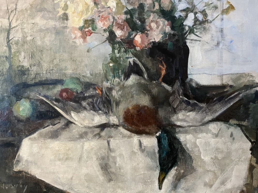 Still Life with Mallard and Flowers - Antique Oil Painting
