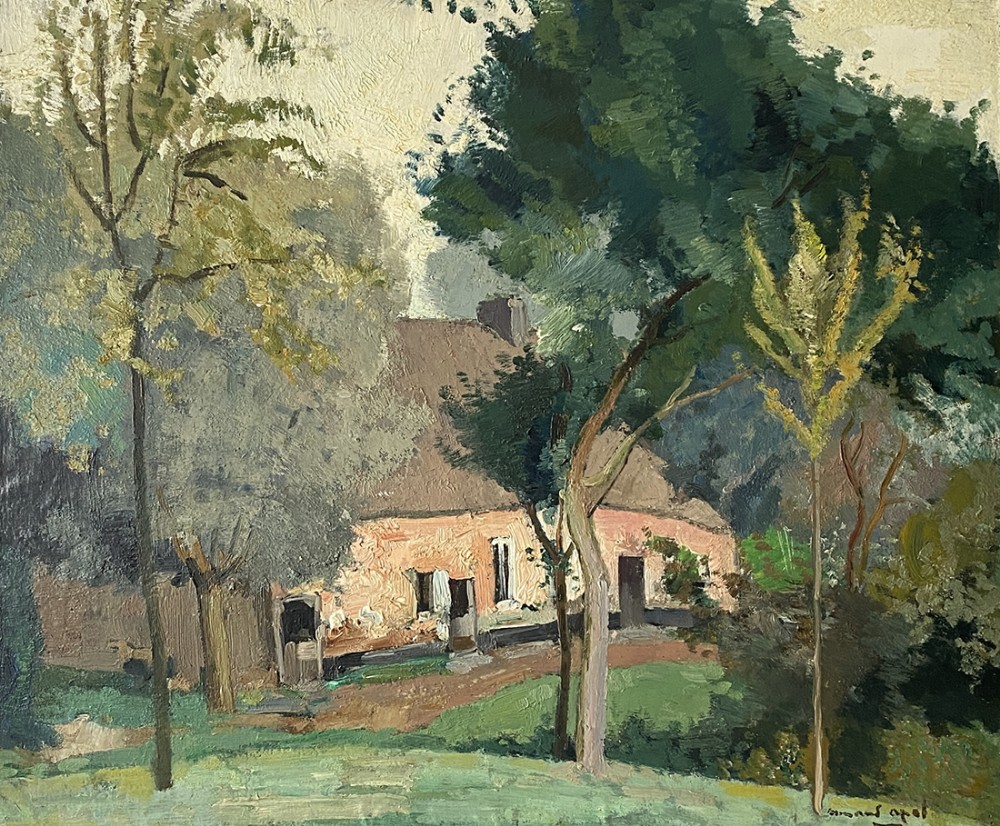 Pink Cottage - Antique Oil Painting