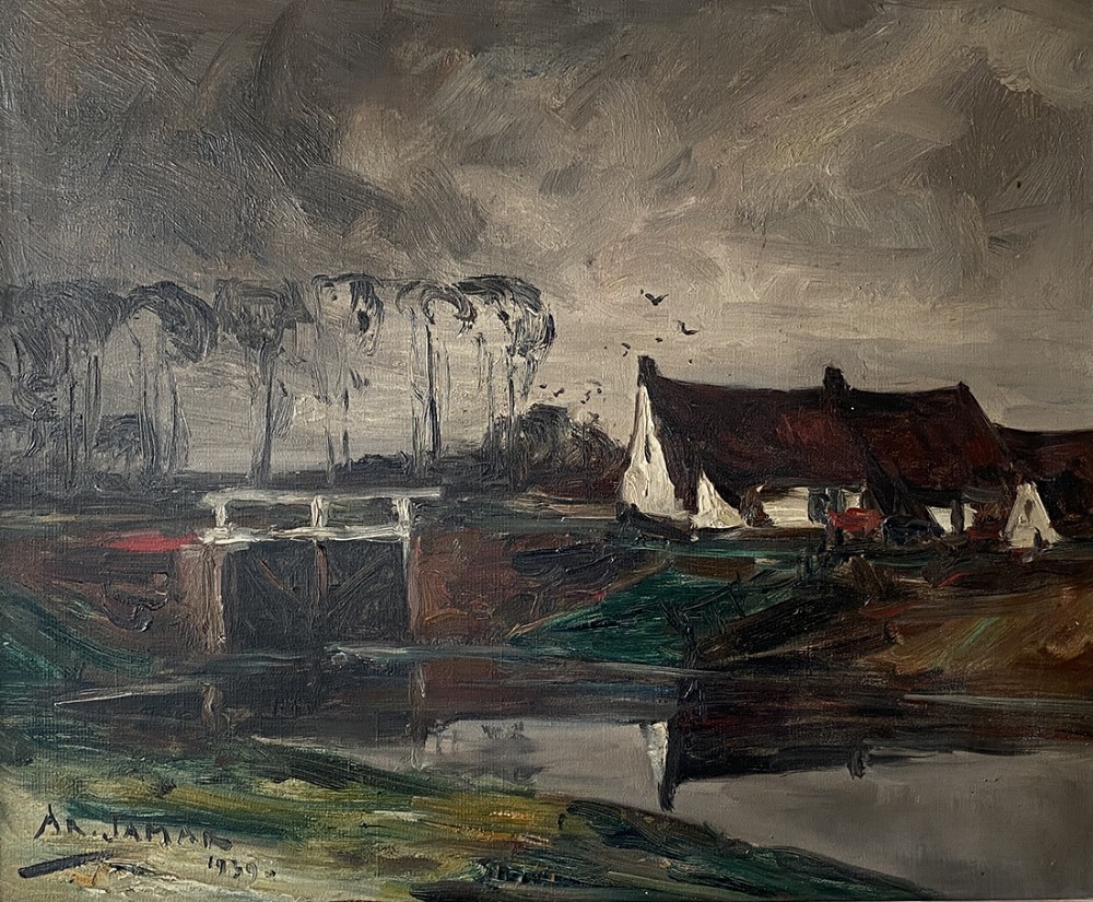 House by the Lock - Antique Oil Painting