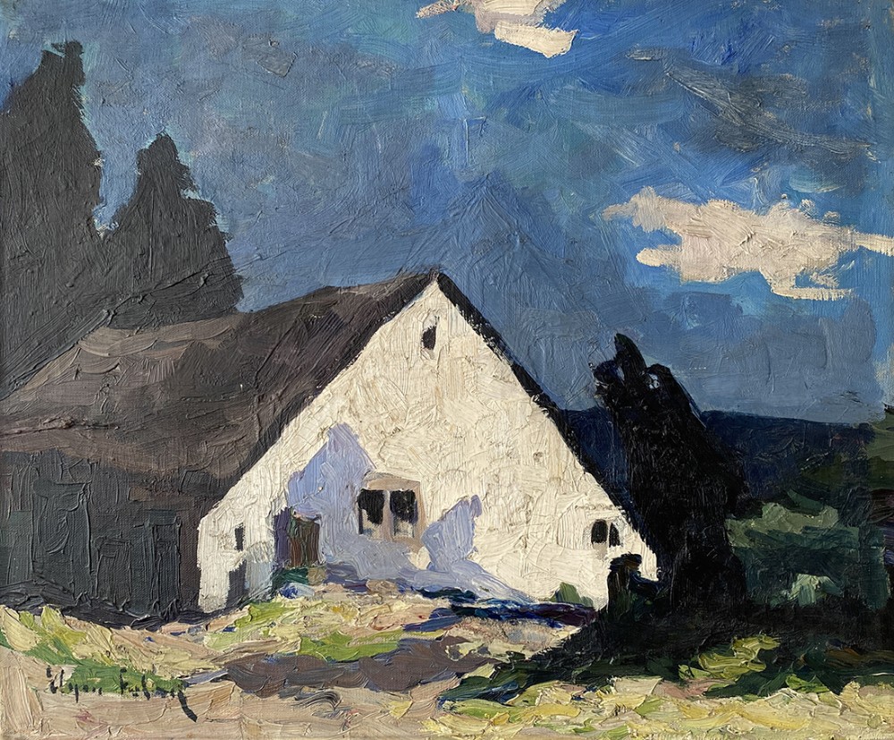 White Cottage - Antique Oil Painting