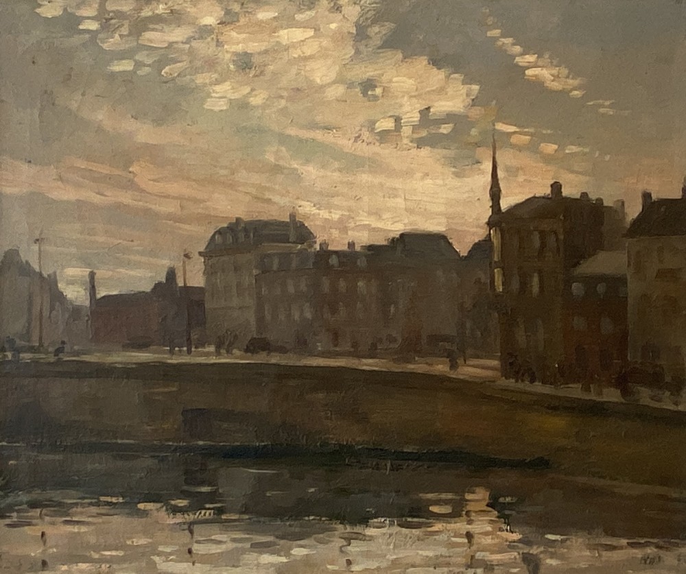 Town on a River - Antique Oil Painting