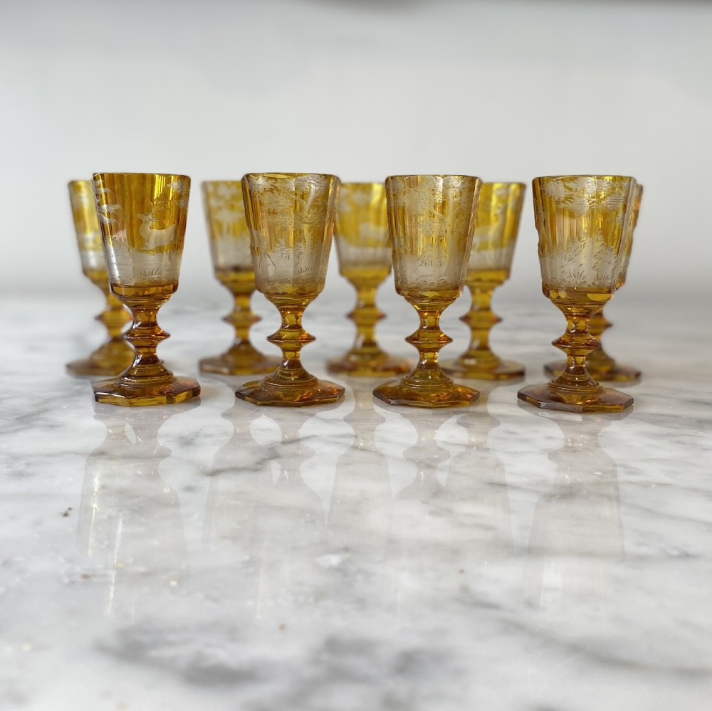 Set of Nine Engraved Amber Liqueur Glasses View V