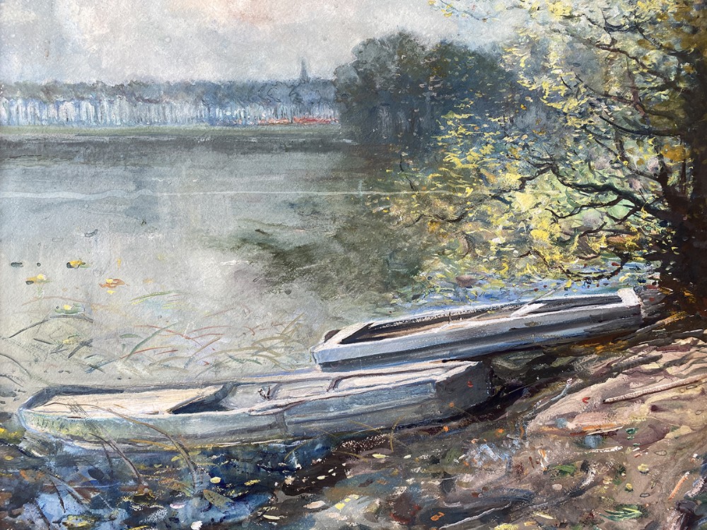Two Boats on a Riverbank - Antique Painting