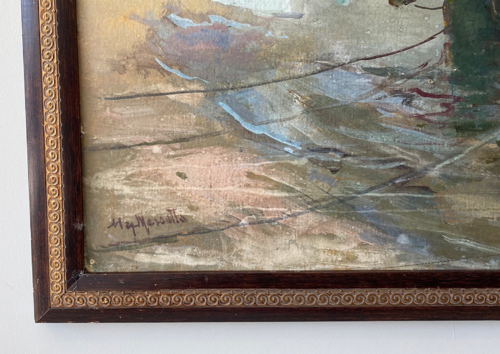 An antique oil painting depicting a green wooden fishing vessel moored on a sandy shore beneath an atmospheric sky. View IV