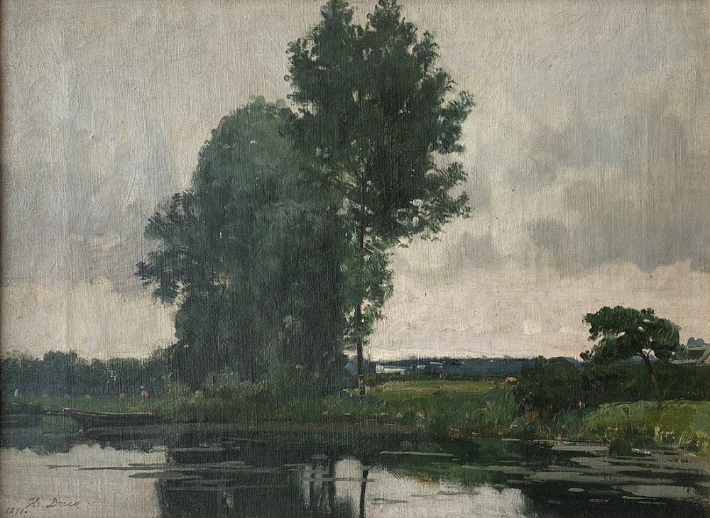 River Landscape - Antique Oil Painting