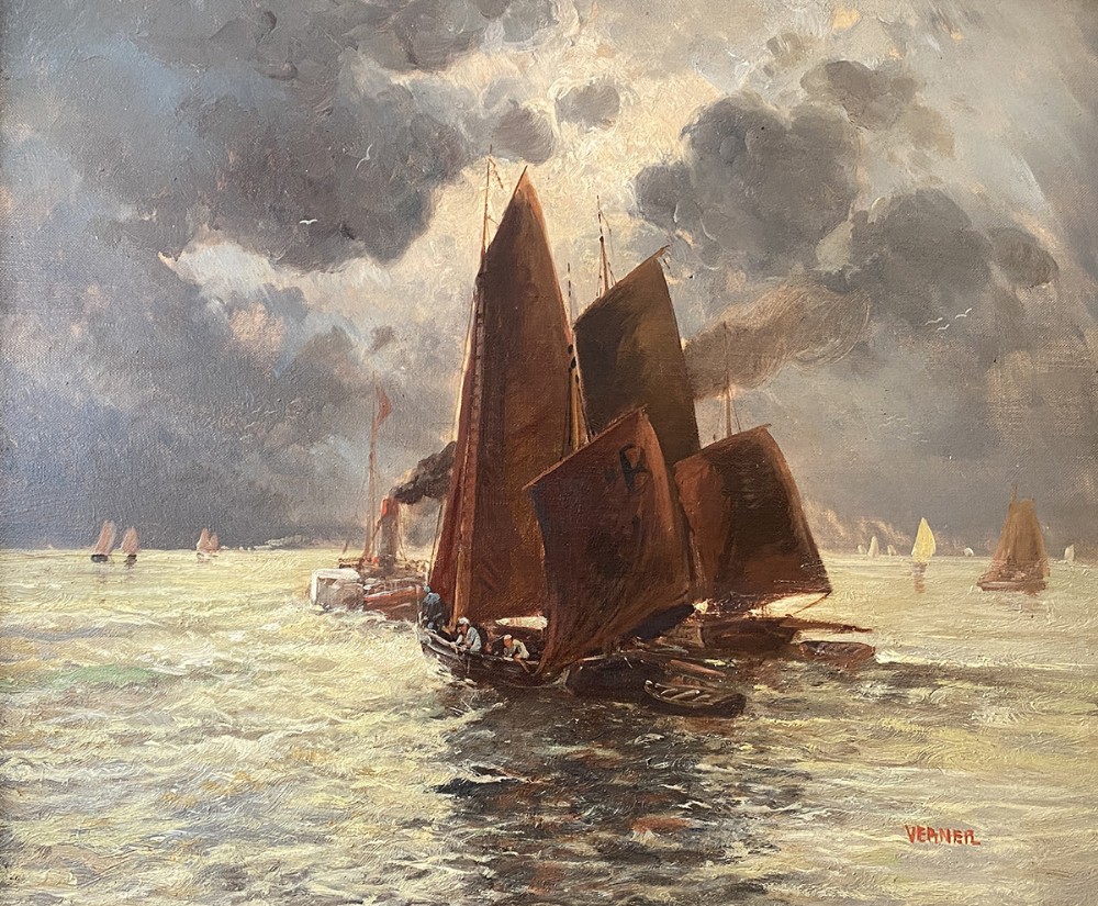 Fishing Boats - Antique Oil Painting