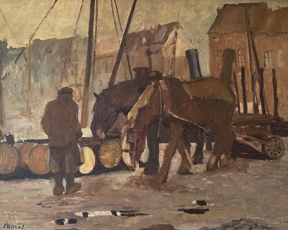 Working Horses in a Port - Antique Oil Painting