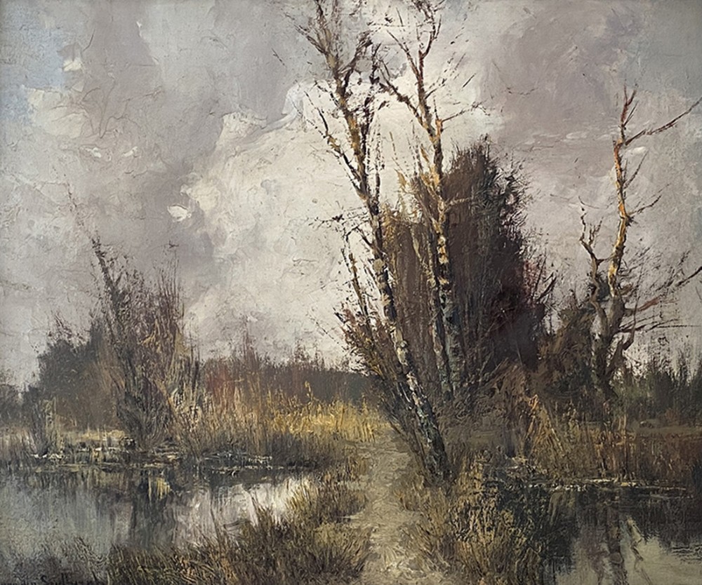 View of a Lake in Autumn - Antique Oil Painting