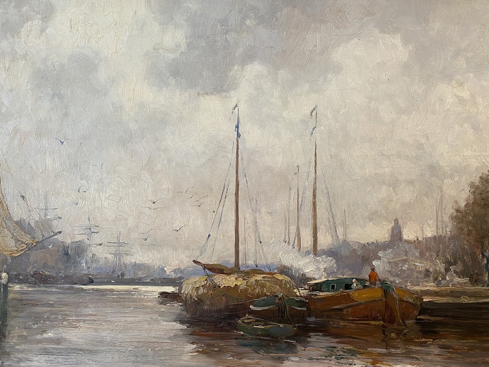 View of `a Harbour - Antique Oil Painting