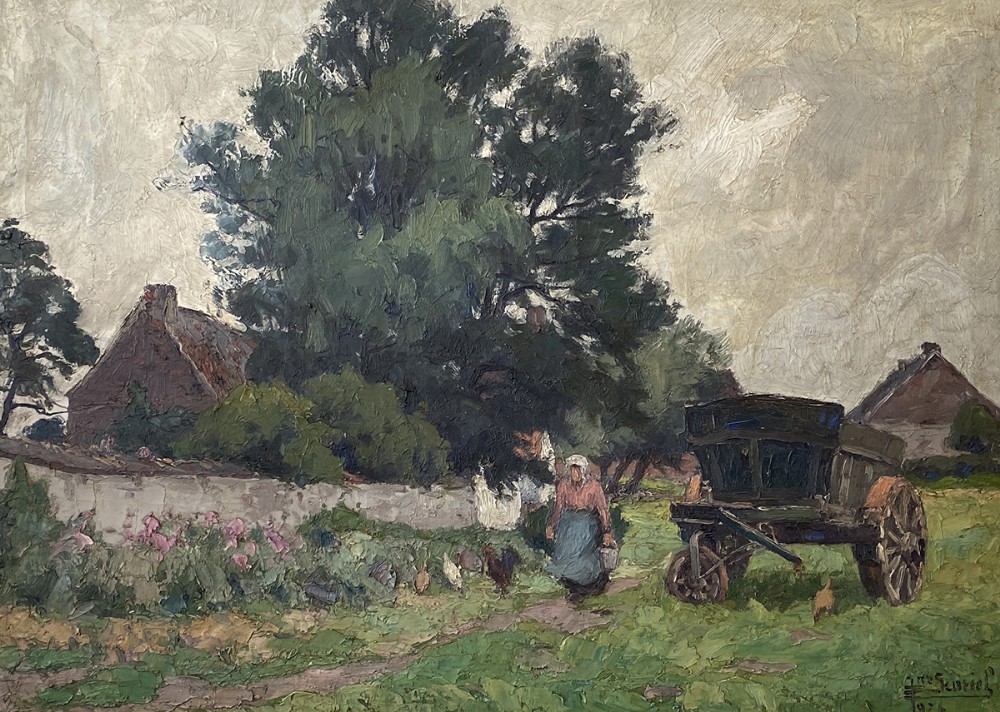 An antique oil painting depicting a rural woman carrying a bucket near a wooden cart and farm buildings under large trees.