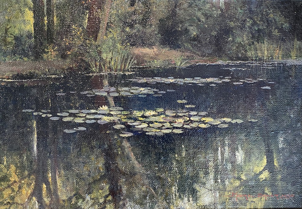 Lillies on a Lake - Antique Oil Painting