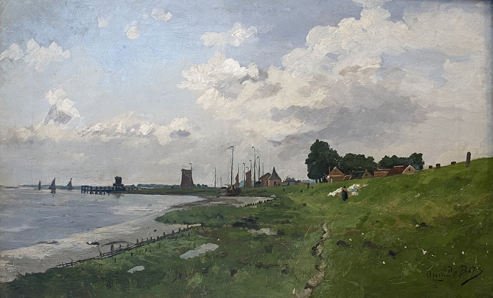 An antique oil painting depicting a grassy coastal dyke alongside water with sailboats, windmills, and a cloudy sky.