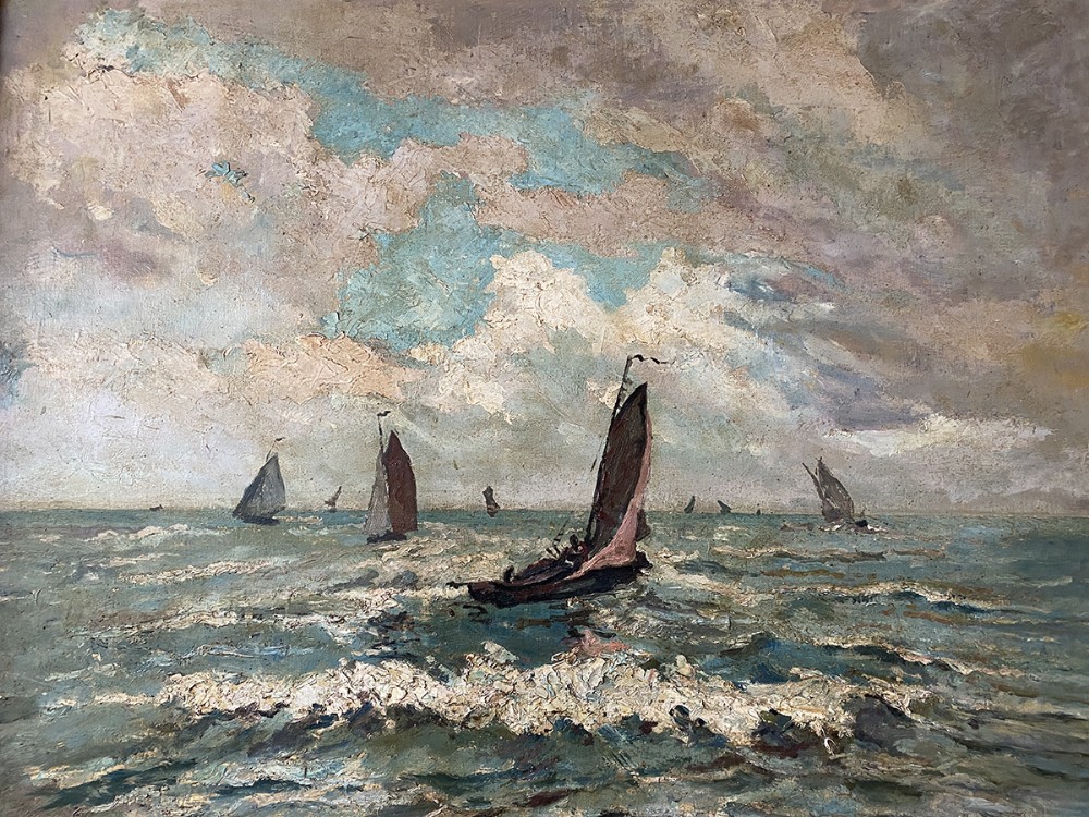 Boats on a Rough Sea - Antique Oil Painting