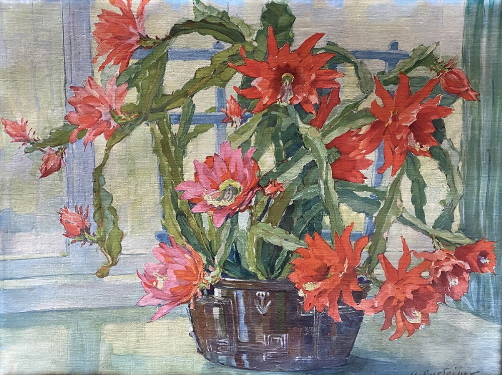 Red Pot Plant in a Bowl - Antique oil Painting