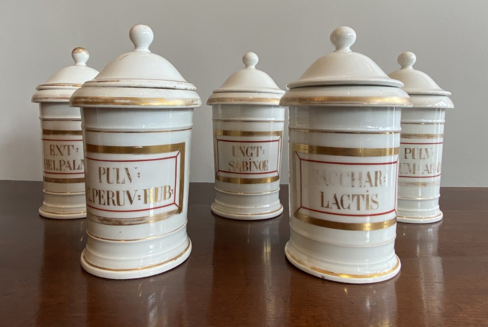 Set of Five French Ceramic Pharmacy Jars