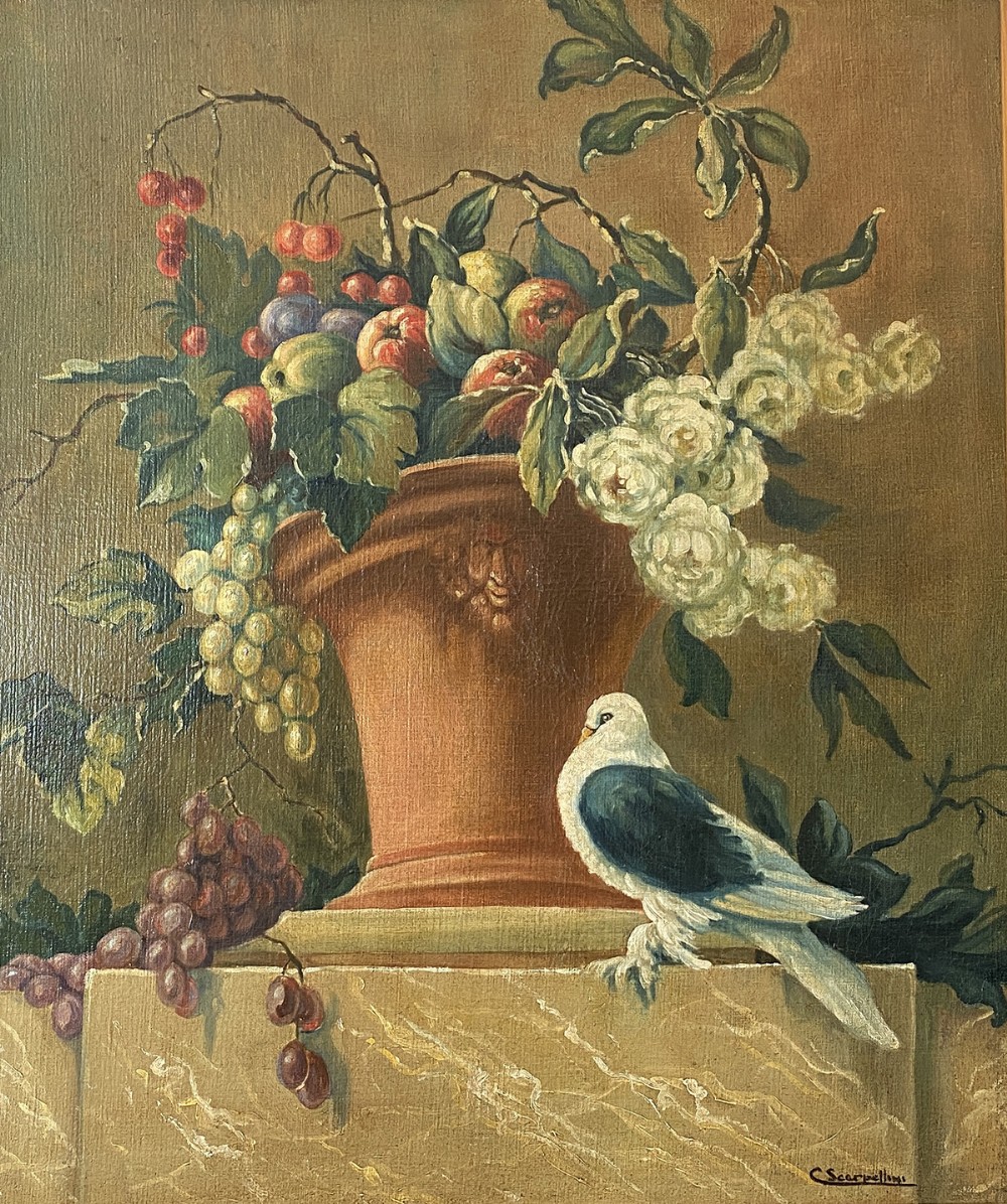 Flowers, Fruit and Pigeon - Antique Oil Paintin
