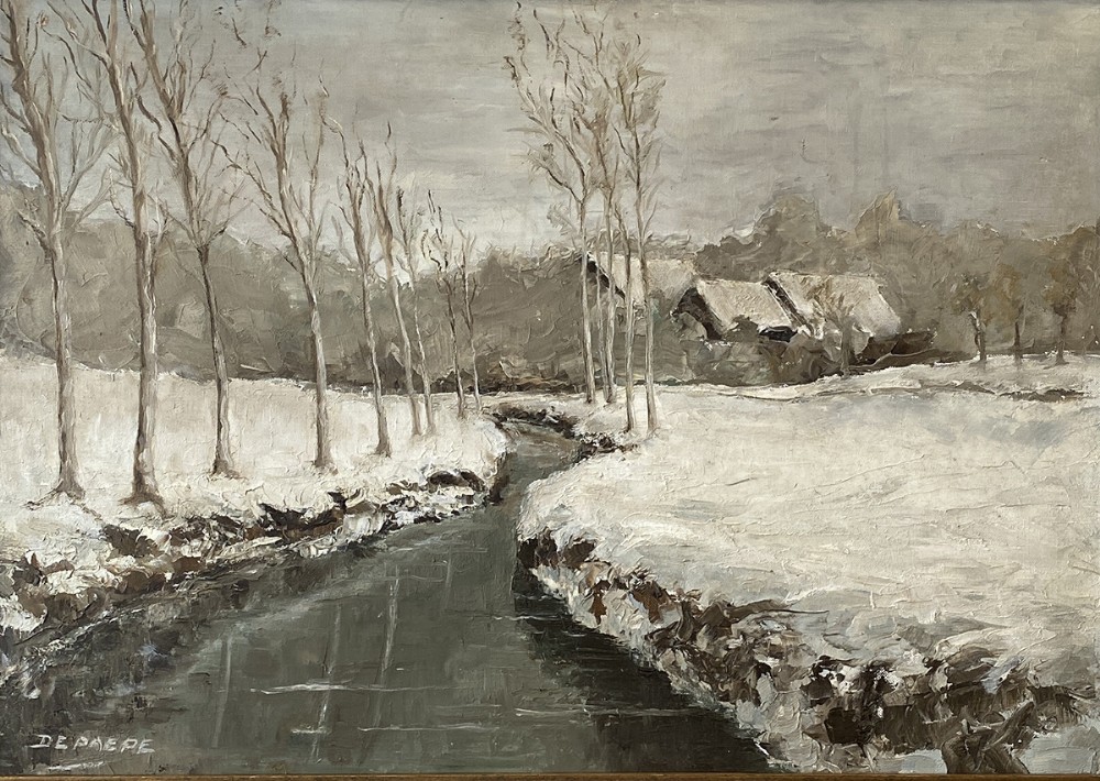 River in Winter - Antique Oil Painting