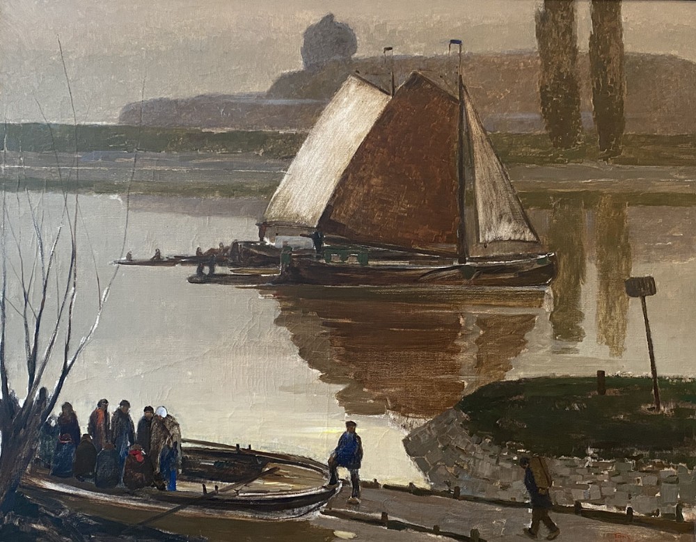 Boats on a River - Antique Oil Painting