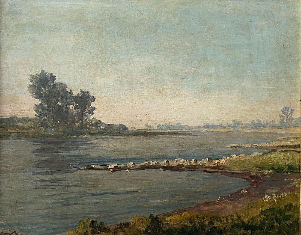 An antique impressionist oil painting depicting a quiet lake and shoreline under a pale sky.