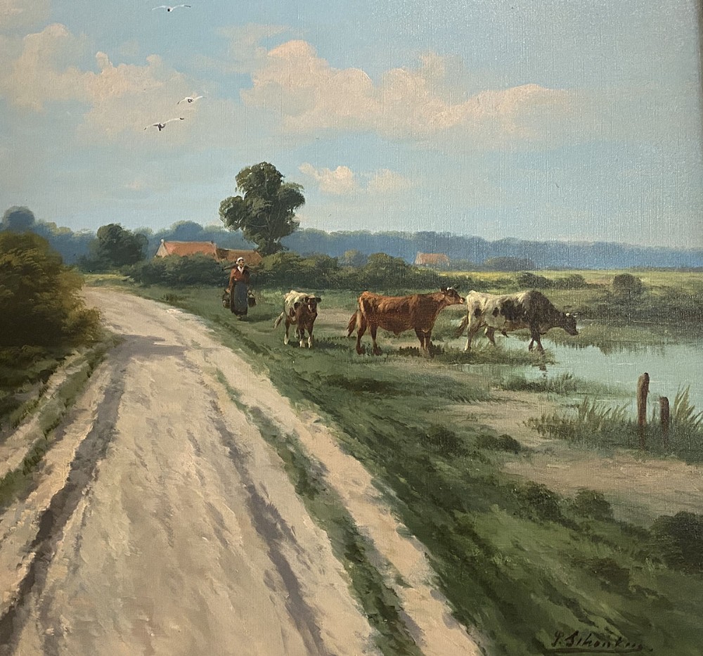 Cattle by a Lake - Antique Oil Painting