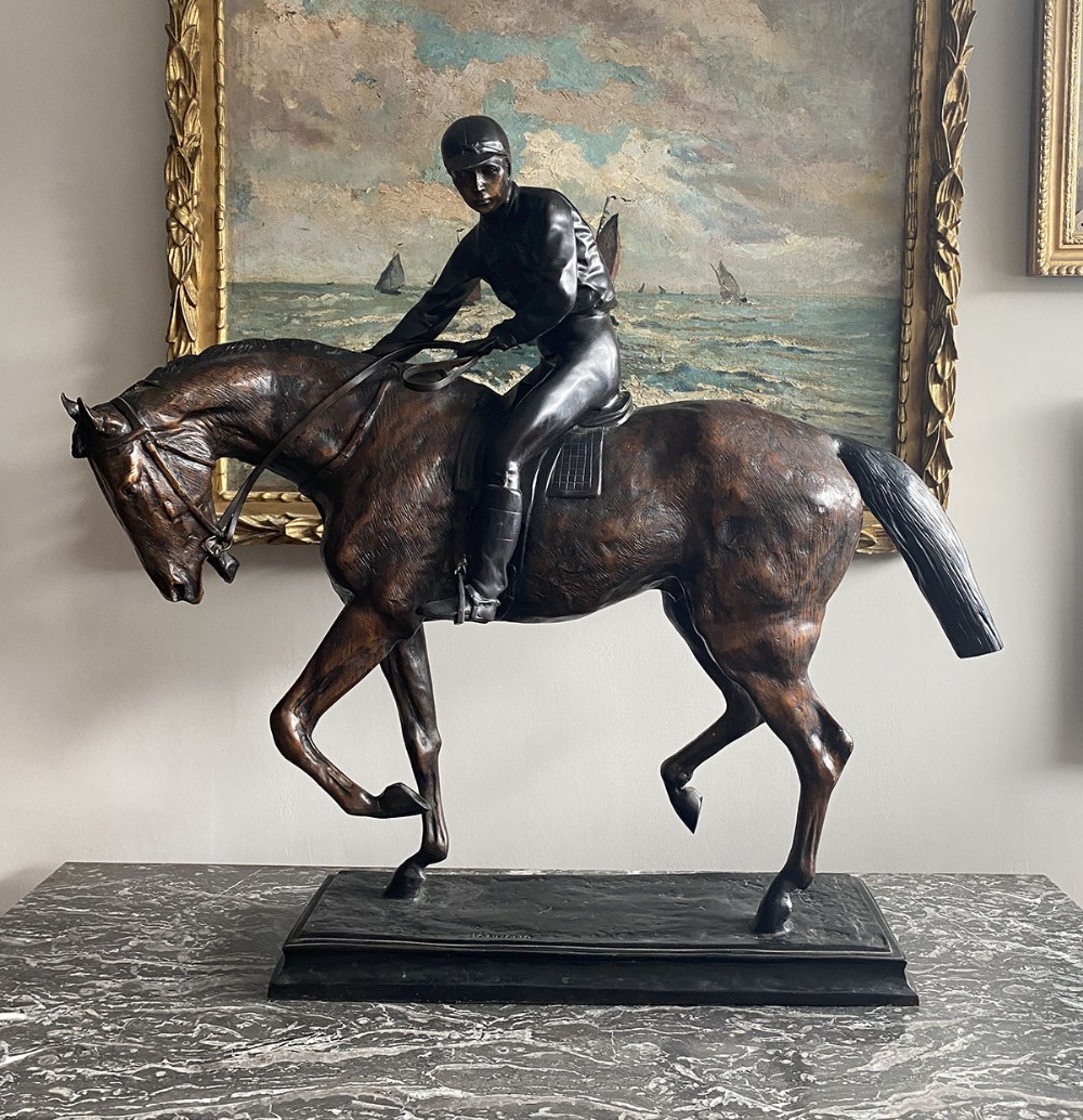 Large Sculpture of a Racehorse and Jockey