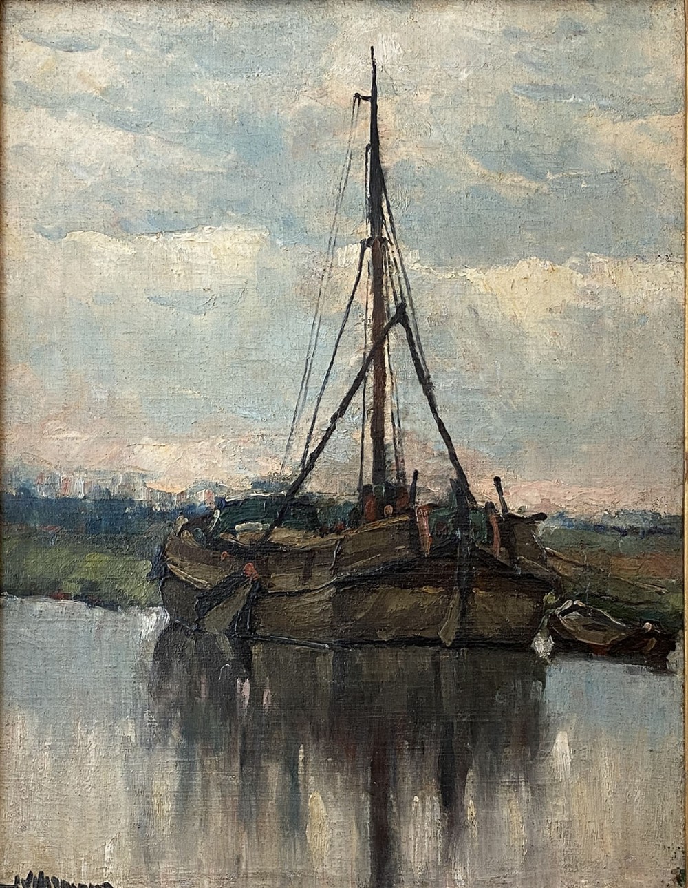 The Barge  - Antique Oil Painting