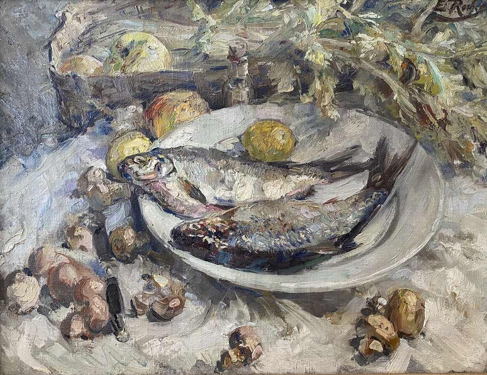 Two Fish on a Plate - Antique Oil Painting