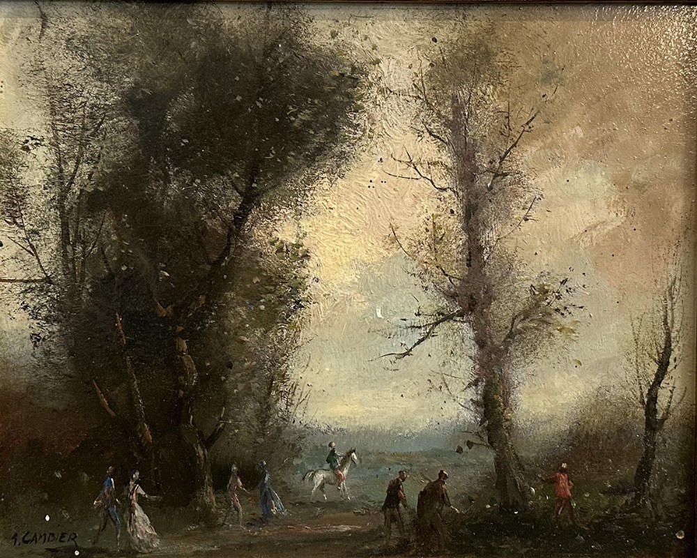 An antique oil painting depicting figures and a rider on horseback strolling through a woodland park scene with mature trees.