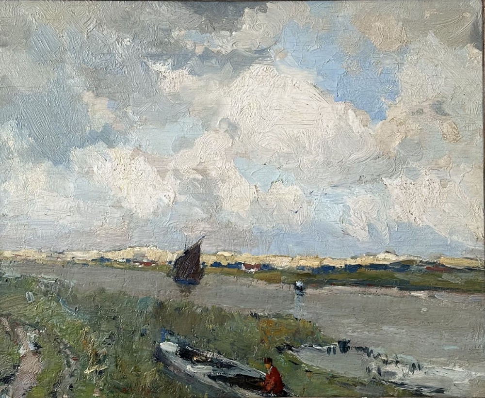 View of an Estuary - Antique Oil Painting