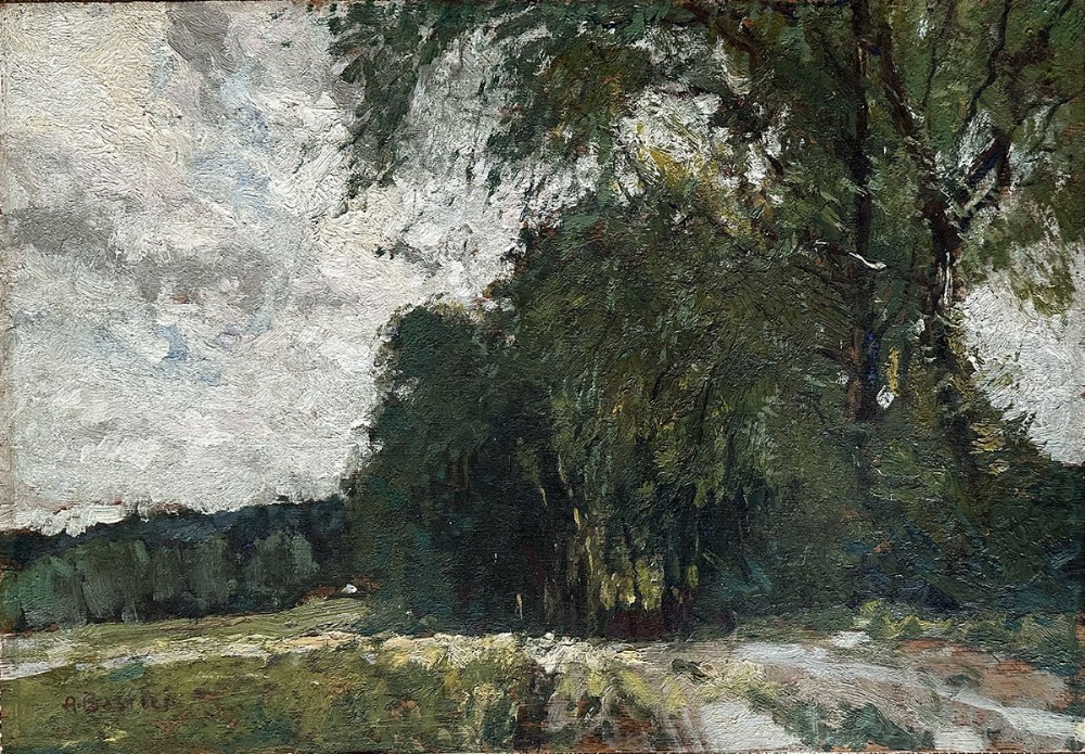 An impressionist oil painting depicting a summer landscape with mature green trees, a grassy field, and a heavily textured grey sky.