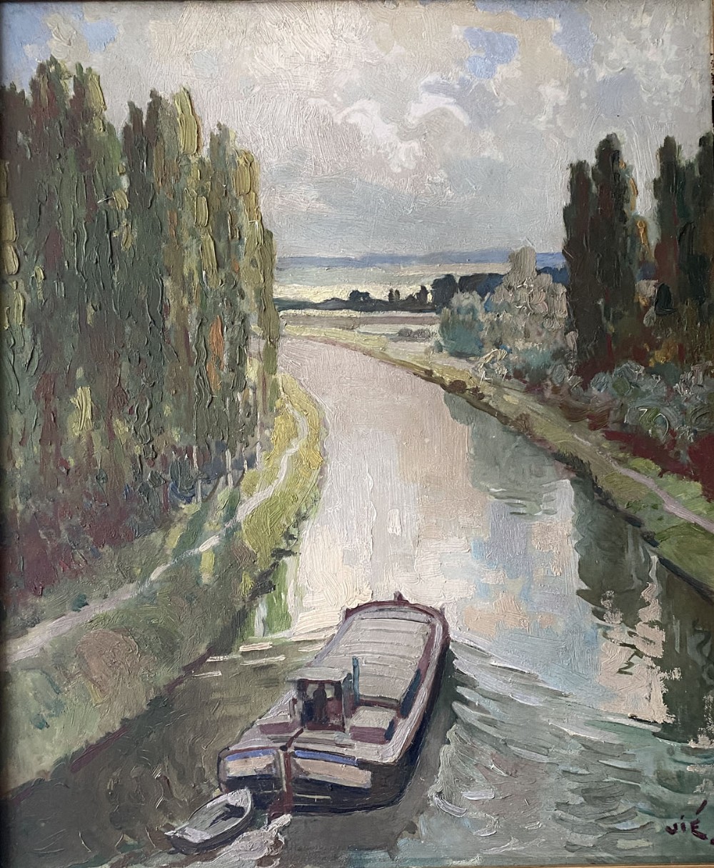 Barge on a Canal - Antique Oil Painting