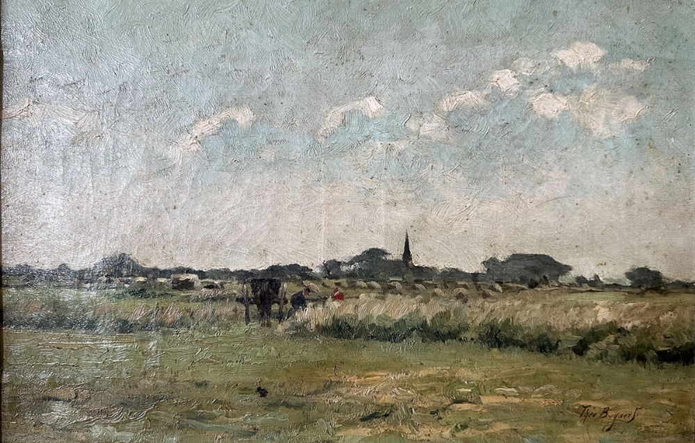 An antique impressionist oil painting depicting agricultural workers in a harvest field under a pale sky with a distant village spire.