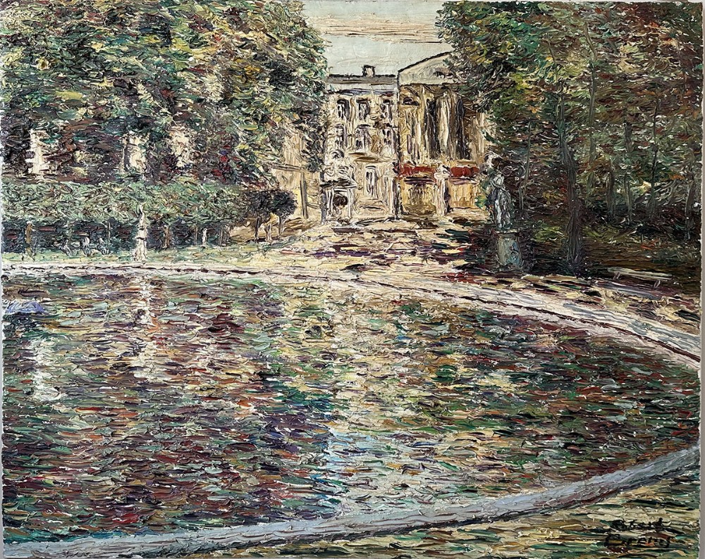 Pond in Front of a Chateau - Antique Oil Painting