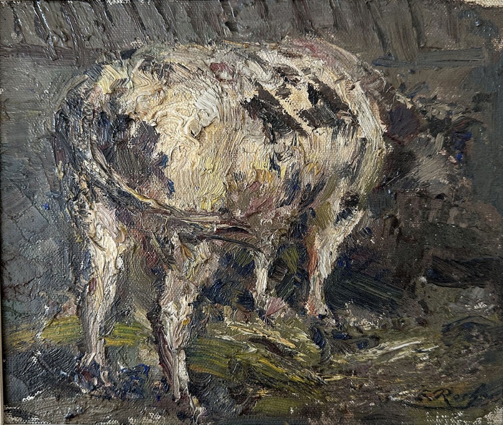 Cow in a Barn - Antique Oil Painting