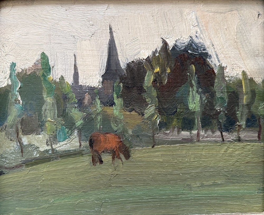 Village view in Summer - Antique Oil Painting