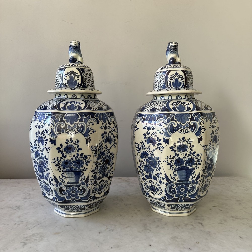 Pair of Blue and White Covered Vases